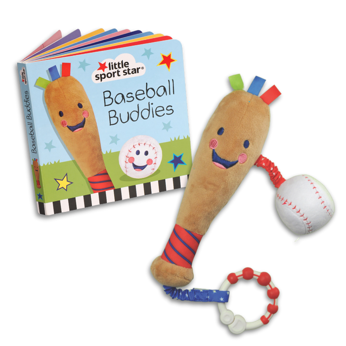 A toy baseball bat with a face and a squeak feature, accompanied by a colorful board book titled 'Baseball Buddies'.